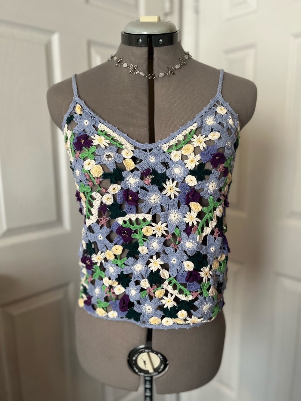 Moda International Crochet Floral Tank Top, Purple & Blue, Size M